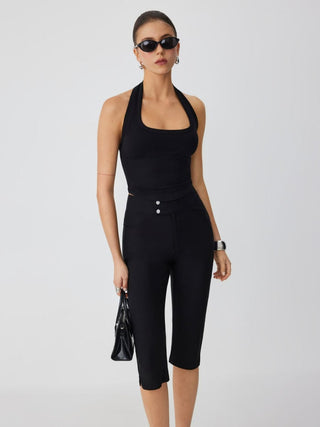 Low Rise Metal Button Straight Leg Capris