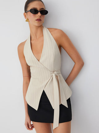 Striped Halter Neckline Twist Knotted Longline Blazer Vest