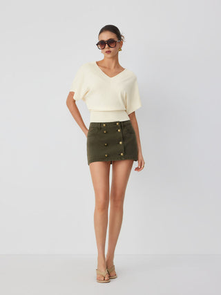 Knit Wool-blend V-neck Batwing Sleeve Short Sleeve Top