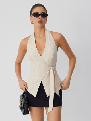Striped Halter Neckline Twist Knotted Longline Blazer Vest