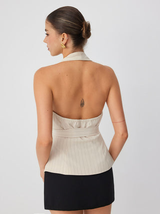 Striped Halter Neckline Twist Knotted Longline Blazer Vest