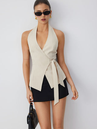 Striped Halter Neckline Twist Knotted Longline Blazer Vest