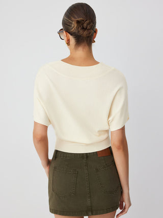 Knit Wool-blend V-neck Batwing Sleeve Short Sleeve Top