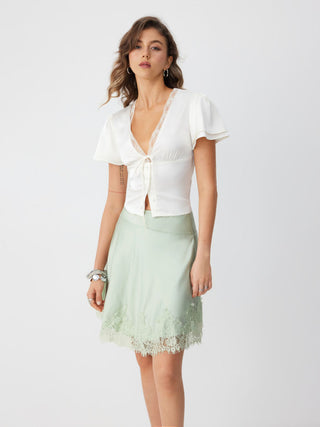 Satin Mid Rise Lace Panel A-line Midi Skirt