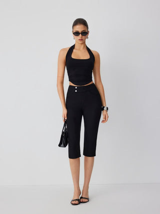Low Rise Metal Button Straight Leg Capris