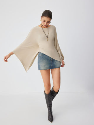 Boat Neck Batwing Long Sleeve Asymmetrical Blouse