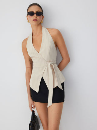 Striped Halter Neckline Twist Knotted Longline Blazer Vest
