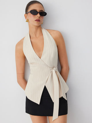 Striped Halter Neckline Twist Knotted Longline Blazer Vest