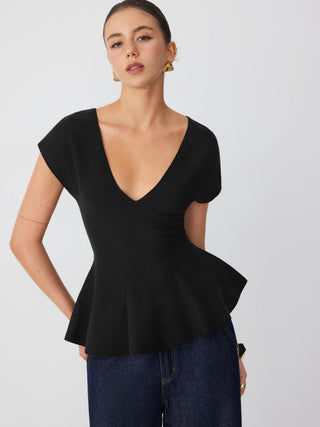 Jersey V-neck Short Sleeve Ruffle Hem Top