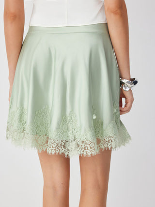Satin Mid Rise Lace Panel A-line Midi Skirt