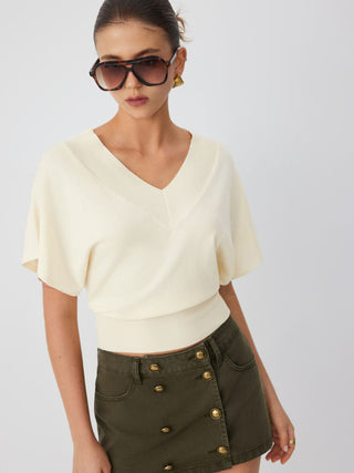 Knit Wool-blend V-neck Batwing Sleeve Short Sleeve Top
