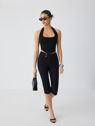 Low Rise Metal Button Straight Leg Capris