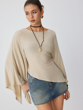 Boat Neck Batwing Long Sleeve Asymmetrical Blouse