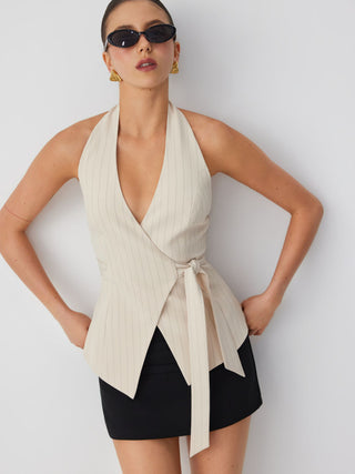 Striped Halter Neckline Twist Knotted Longline Blazer Vest