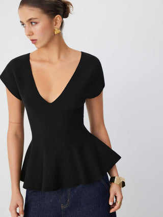 Jersey V-neck Short Sleeve Ruffle Hem Top