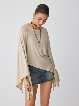 Boat Neck Batwing Long Sleeve Asymmetrical Blouse