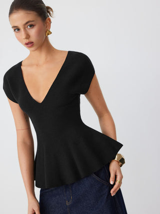 Jersey V-neck Short Sleeve Ruffle Hem Top