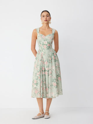 Linen-blend Floral Sweetheart Neckline Flared Midi Dress