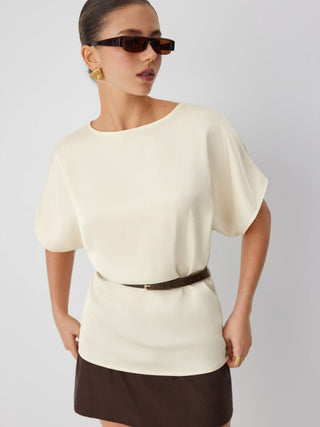 Satin Boat Neck Batwing Sleeve Oversized Blouse With Belt