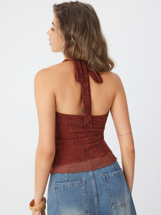 Floral Jacquard Lace Halter Neckline Ring Detail Tank Top
