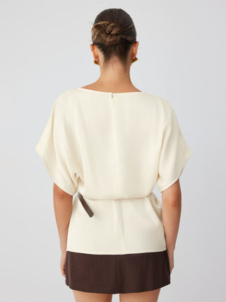 Satin Boat Neck Batwing Sleeve Oversized Blouse With Belt