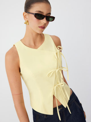 Linen-blend Sweetheart Asymmetrical Bowknot Blazer Vest