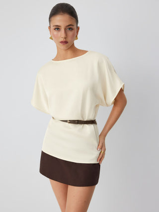 Satin Boat Neck Batwing Sleeve Oversized Blouse With Belt