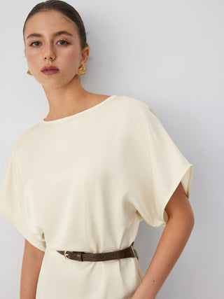 Satin Boat Neck Batwing Sleeve Oversized Blouse With Belt