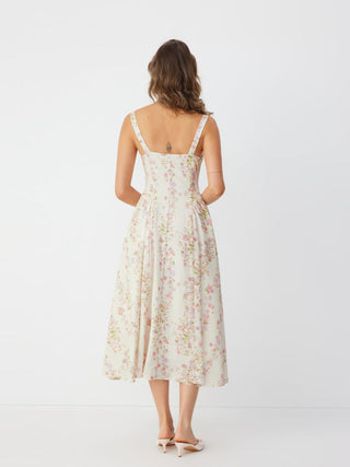 Floral Sculptural Sweetheart Neck Lace Trim Bowknot A-line Maxi Dress