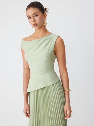Asymmetrical Neck Pleated Flared Maxi Dress