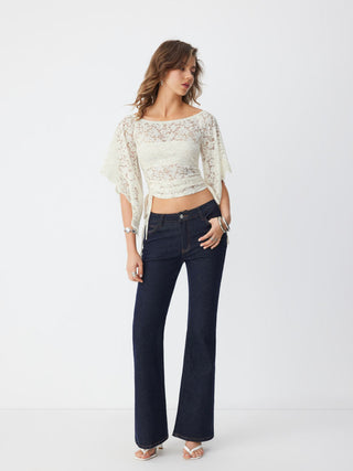 Lace Off-shoulder Bell Sleeve Ruched Ruffled Drawstring Top