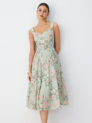 Linen-blend Floral Sweetheart Neckline Flared Midi Dress