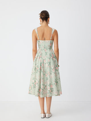 Linen-blend Floral Sweetheart Neckline Flared Midi Dress