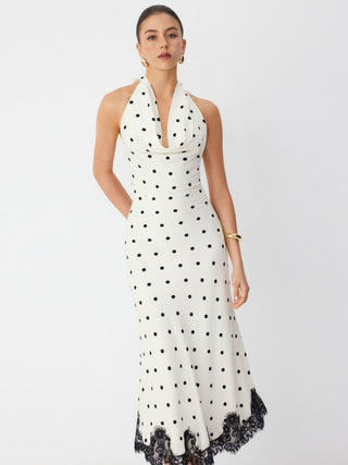 Satin Polka Dot Halter Neckline Backless Lace Trim Mermaid Maxi Dress