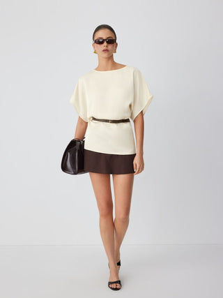 Satin Boat Neck Batwing Sleeve Oversized Blouse With Belt