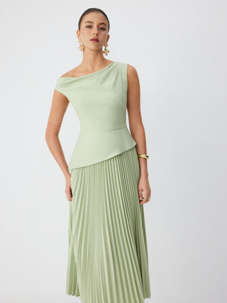 Asymmetrical Neck Pleated Flared Maxi Dress