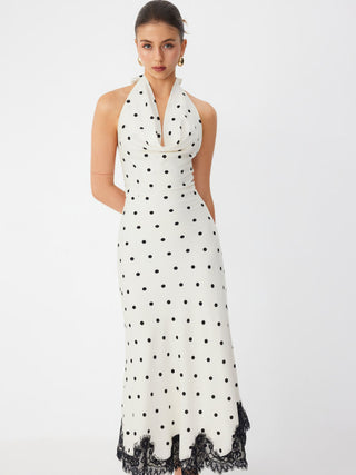 Satin Polka Dot Halter Neckline Backless Lace Trim Mermaid Maxi Dress