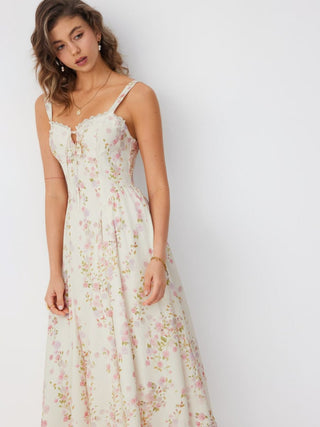 Floral Sculptural Sweetheart Neck Lace Trim Bowknot A-line Maxi Dress