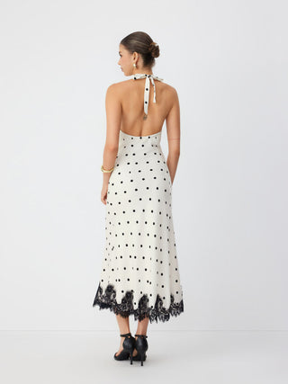 Satin Polka Dot Halter Neckline Backless Lace Trim Mermaid Maxi Dress