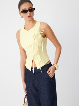 Linen-blend Sweetheart Asymmetrical Bowknot Blazer Vest