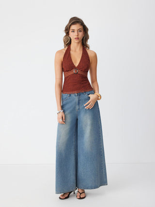 Floral Jacquard Lace Halter Neckline Ring Detail Tank Top
