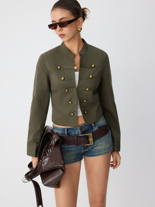 Cotton-blend Stand Collar Metal Detail Jacket