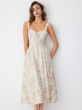 Floral Sculptural Sweetheart Neck Lace Trim Bowknot A-line Maxi Dress