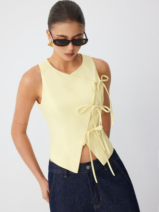 Linen-blend Sweetheart Asymmetrical Bowknot Blazer Vest