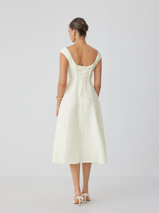 Jacquard Floral Square Neck Textured Flared Midi Dress