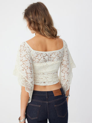 Lace Off-shoulder Bell Sleeve Ruched Ruffled Drawstring Top