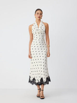 Satin Polka Dot Halter Neckline Backless Lace Trim Mermaid Maxi Dress