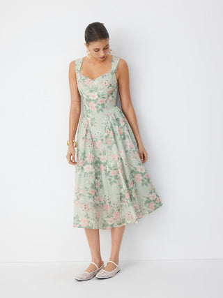 Linen-blend Floral Sweetheart Neckline Flared Midi Dress