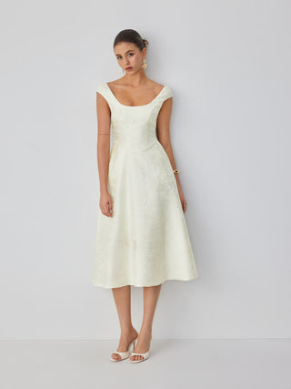 Jacquard Floral Square Neck Textured Flared Midi Dress