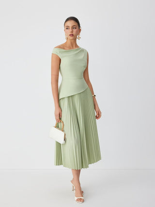 Asymmetrical Neck Pleated Flared Maxi Dress